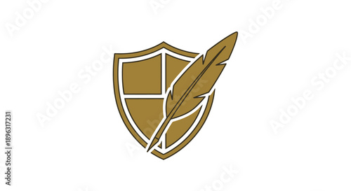 Shield emblem with quill pen symbolizing protection and writing.