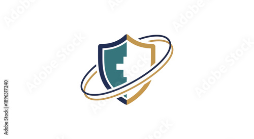 Shield logo with protective emblem and orbiting elements.