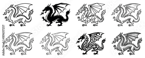 Collection of eight black dragon illustrations in various artistic styles including line art, silhouette, geometric, tribal, and engraved hatching