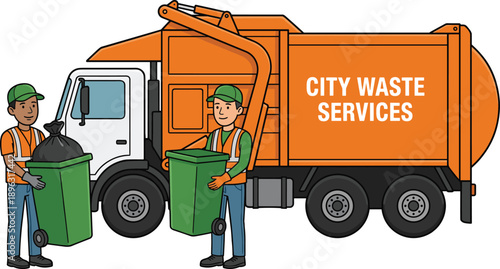 City waste services illustration showing sanitation workers with garbage truck collecting bins recycling concept flat cartoon vector design for urban environmental cleanup operations