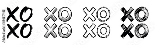 Collection of hand-drawn XO symbols in various artistic styles including brush lettering, sketch, doodle, and grunge textures for romantic and love-themed designs