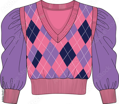 Women argyle sweater vest with puff sleeves flat vector illustration fashion knitwear cad drawing apparel design technical winter clothing template
