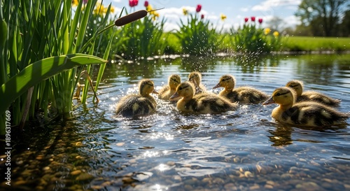 Wallpaper Mural Ducklings swimming in a pond near water plants with a sunny natural background Torontodigital.ca