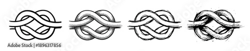 Set of four hand-drawn rope knots showing a progression of artistic styles from clean line art to a detailed engraved sketch and a rough grunge texture