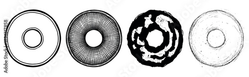 Four black and white abstract donut shapes in a row showcasing different graphic styles from clean lines and grids to painterly ink blots and rough grunge sketches