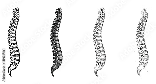 Set of four human spine illustrations rendered in various black and white sketch and engraving styles, showing the anatomical structure of the vertebral column from a side view