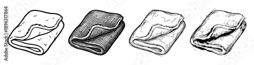 Set of four hand-drawn folded towels in different sketch styles, including simple line art, cross-hatching, and grunge textures, presented as a black and white graphic collection