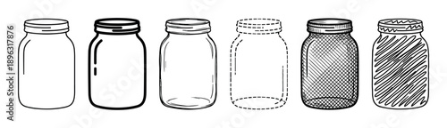 Six different hand-drawn mason jar illustrations in a row, showcasing various sketch and doodle techniques like hatching, dashed lines, and bold outlines for creative design