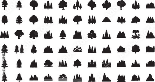 Collection of various tree silhouettes isolated on transparent background