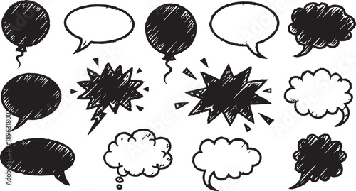 speech bubbles with organic crayon, chalk, or pastel textures, including star, heart, and cloud shapes, colorful vector artwork on white background for creative, playful, or educational project