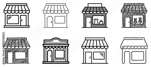 Set of eight black storefront icons in various hand-drawn styles including line art, doodle, sketch, and dotted outline for business and retail concepts