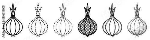 Set of six black onion illustrations in different graphic styles including line art, dashed, dotted, crosshatch, sketch, and stippling for a minimalist design