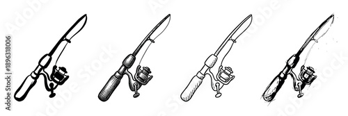 Four hand-drawn fishing rod illustrations in various sketch styles, showing a collection of spinning reels and poles in a black and white ink drawing or doodle design set