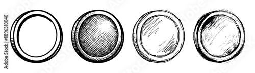 Four hand-drawn black ink circle shapes with various artistic textures, showcasing different sketch styles like hatching, scribbling, and rough brush strokes for design elements