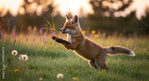 Wallpaper Mural Fox leaping through a field of wildflowers with sunlight in the background Torontodigital.ca