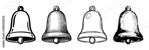 Four black and white bell illustrations in various hand-drawn artistic styles, including a clean icon, a detailed cross-hatch sketch, a loose doodle, and a grunge ink drawing