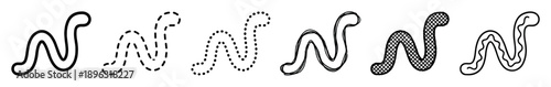 Set of six black snake icons with different outline styles including solid, dashed, dotted, sketchy, crosshatch, and wavy patterns in a minimalist graphic design illustration