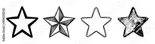 Set of four hand drawn stars in various artistic styles including doodle, sketch, grunge, and outline, illustrated with black ink in a simple graphic design collection