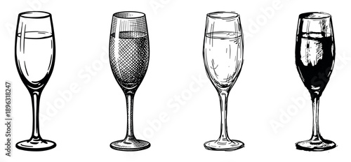 Four hand-drawn champagne flute glasses in various sketch styles, including line art, cross-hatching, and high-contrast black and white for a celebratory graphic design element