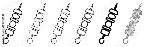 Set of six shish kebab skewer icons in various monochrome styles including line art, dotted, dashed, solid, hand-drawn, and hatched for graphic design