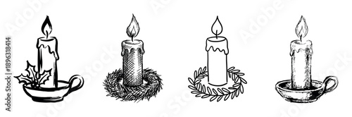 Four black and white hand-drawn holiday candles with flames, decorated with festive holly and wreaths in a vintage sketch and doodle illustration style