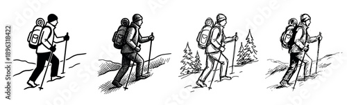 Set of four hand-drawn hiker illustrations shows a person with a backpack and trekking poles climbing a mountain slope in various sketch styles from simple line art to detailed cross-hatching