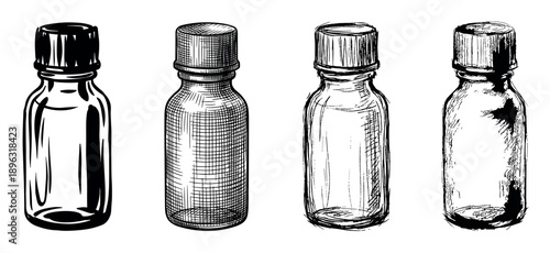 Four small glass bottles with screw caps illustrated in various artistic hand-drawn styles, from clean line art and cross-hatching to a rough, expressive ink sketch collection