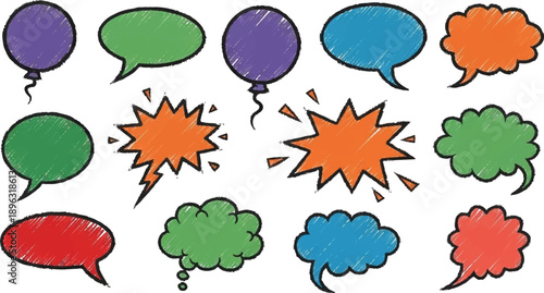 speech bubbles with organic crayon, chalk, or pastel textures, including star, heart, and cloud shapes, colorful vector artwork on white background for creative, playful, or educational project