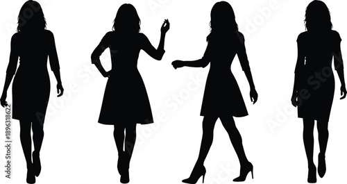 Female silhouette vector collection featuring elegant women walking in different poses, black fashion figures for lifestyle, modeling, branding, and design projects
