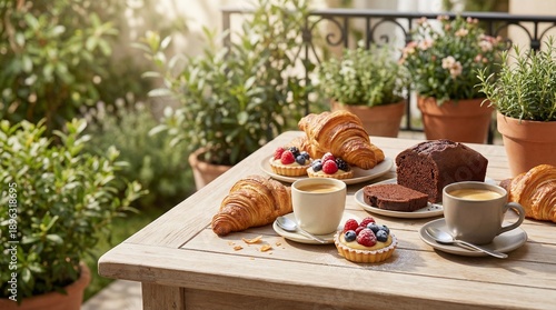 Breakfast pastries and coffee on wooden table in garden setting  