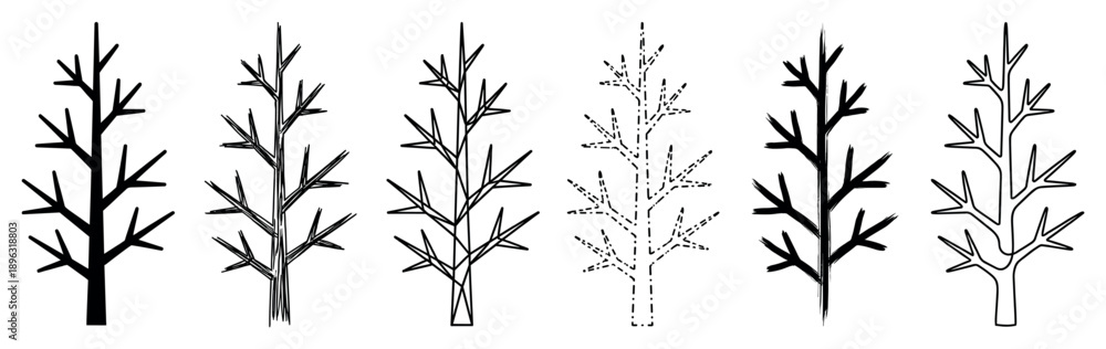 Obraz premium Set of six minimalist tree illustrations in various graphic styles including silhouette, outline, dashed line, and hand-drawn brush stroke for design elements