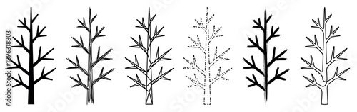 Set of six minimalist tree illustrations in various graphic styles including silhouette, outline, dashed line, and hand-drawn brush stroke for design elements
