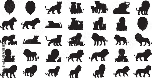 Collection of lion silhouettes isolated on transparent background