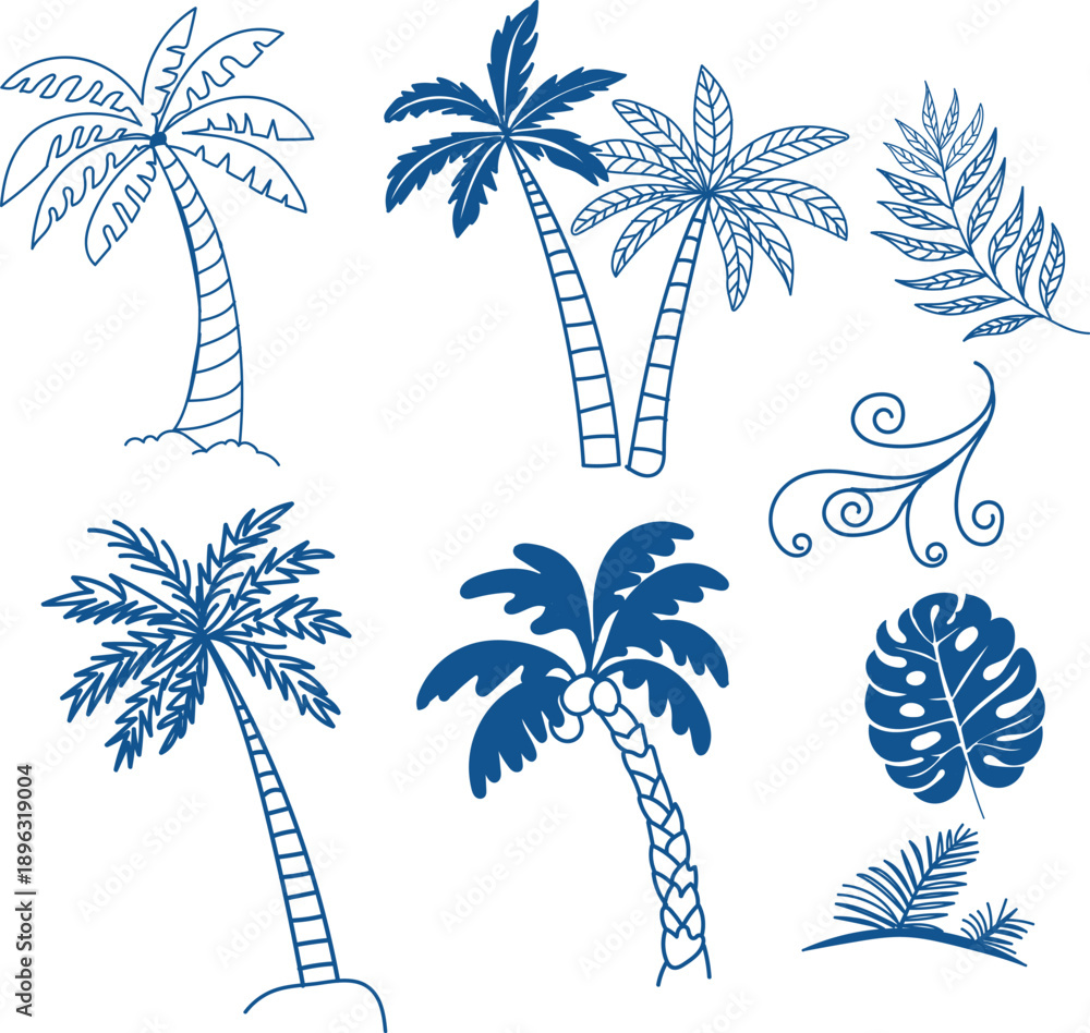 Obraz premium Collection of blue tropical palm tree embroidery designs and foliage elements