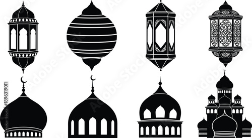 Islamic lantern and mosque dome silhouette vector collection in black, Ramadan decorative elements for religious designs, backgrounds, posters, branding, and prints