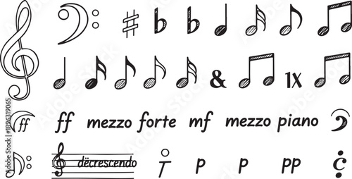 Music notes hand drawn black signs vector set. Isolated hand-drawn music note icons on white background. Music note symbols with treble clef. Vector