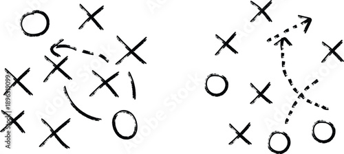 Hand drawn football plays showing offensive and defensive strategy formations