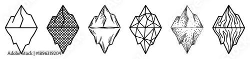 Set of six black iceberg icons with visible tips and hidden underwater parts, showcasing diverse graphic styles including geometric, sketchy, crosshatch, stippled, and wavy line art