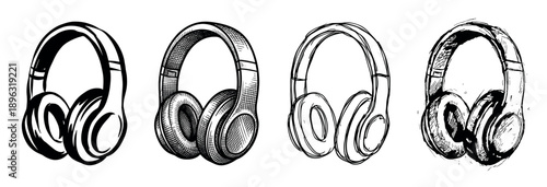 Four pairs of hand-drawn headphones in various sketch styles, showcasing a collection of monochrome audio equipment illustrations with detailed ink lines and cross-hatching