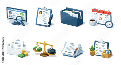 Business and office icon set featuring documents, calendar, and office supplies