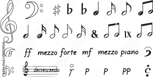 Music notes hand drawn black signs vector set. Isolated hand-drawn music note icons on white background. Music note symbols with treble clef. Vector