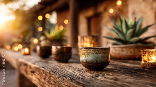 A rustic wooden table adorned with charming candles and succulents, illuminated by a warm sunset, creating an inviting and intimate atmosphere for gatherings or solitude.