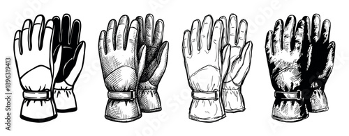 Four pairs of hand-drawn winter gloves illustrated in various sketch and ink styles, showing a collection of protective handwear for cold weather sports like skiing or snowboarding