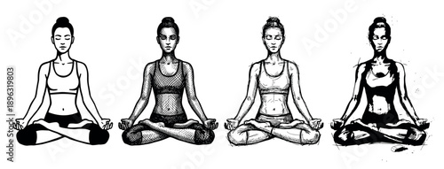 Four black and white illustrations of a woman meditating in a lotus pose, showcasing a progression of artistic styles from clean line art to a detailed sketch and graphic design