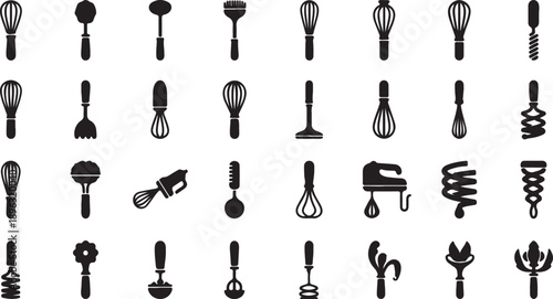 Collection of 32 black kitchen utensil icons isolated on transparent background