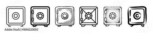 Set of six black safe icons presented in a row with various artistic styles including line art, hand-drawn sketch, geometric, stippling, and expressive brush strokes