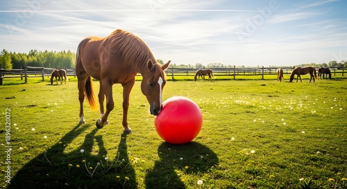 Wallpaper Mural Horse interacts with red ball in sunlit grassy field with other horses Torontodigital.ca