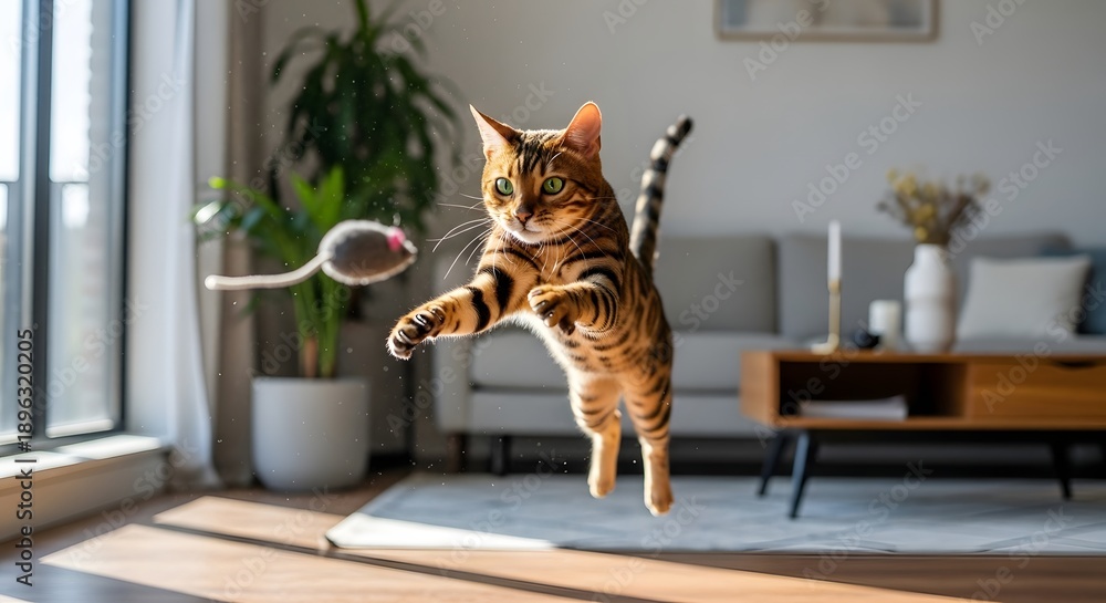 custom made wallpaper toronto digitalLeaping bengal cat in mid air chasing toy mouse indoors