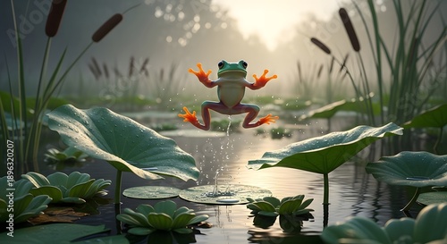 Wallpaper Mural Jumping frog over lily pads in a pond environment with sunlight and plants Torontodigital.ca