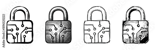 Four hand-drawn digital security padlock icons with circuit board patterns, illustrated in a black and white sketch style showing different textures and line work for a technology concept